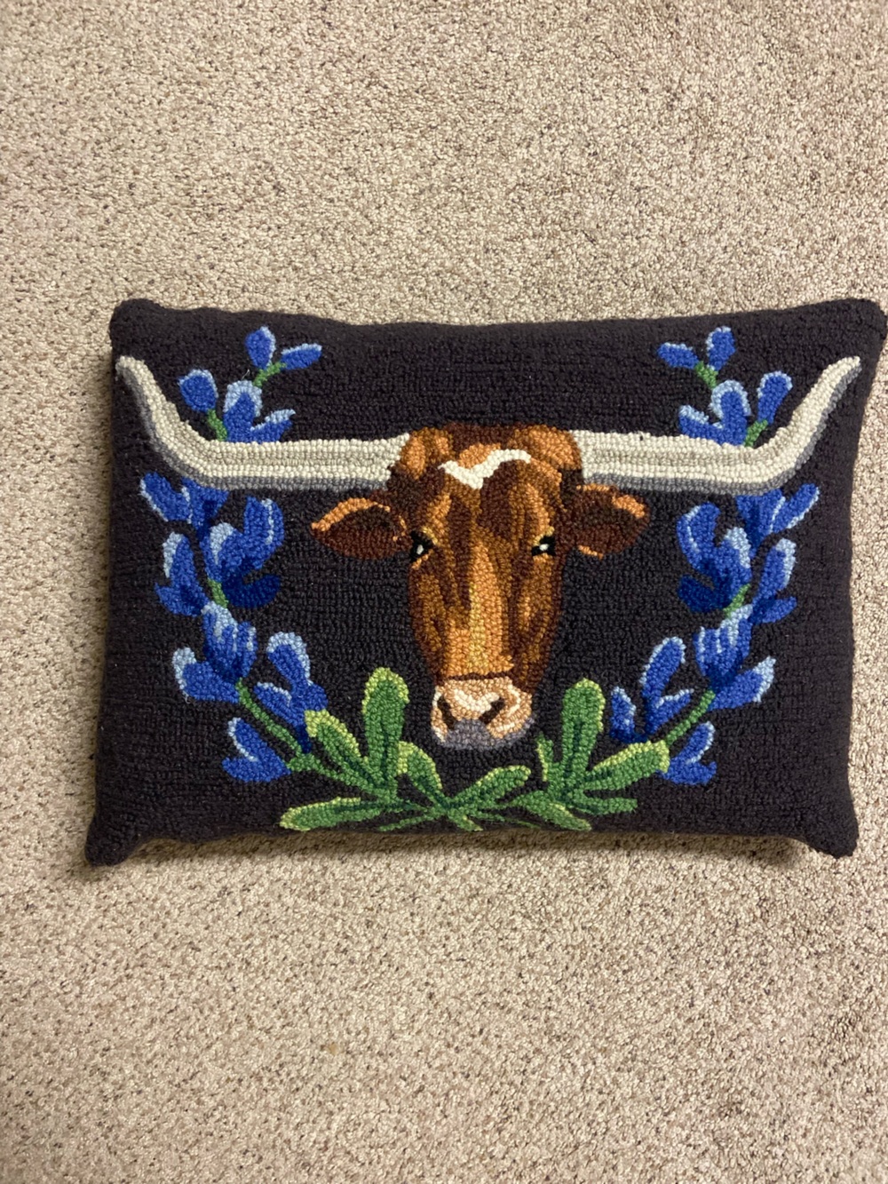 Longhorn & Bluebonnets Wool Hook Throw Pillow Accent Texas Decorative Rare! HTF